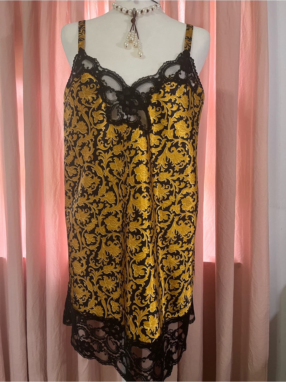 Vintage Black & Gold Lace-Trim Satin Chemise